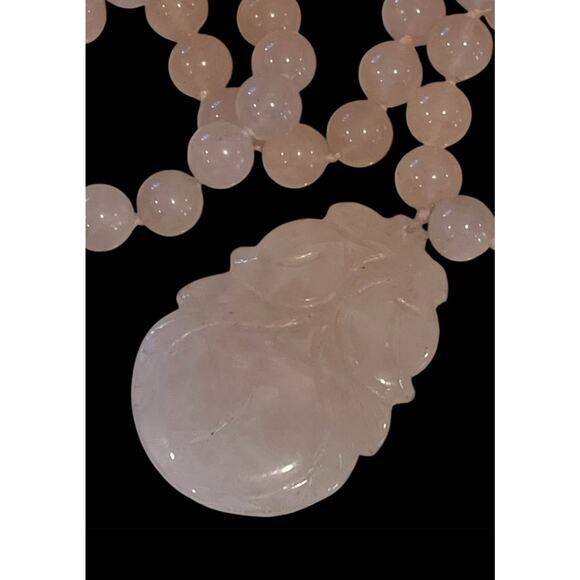 Antique Chinese Curved Pink Rose Quartz Plum Pendant Bead Necklace - Picture 6 of 9